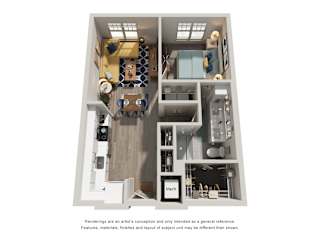 A 3D rendered image of a house layout.