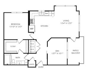 A floor plan of a home with a living room, kitchen, den, and bathroom.