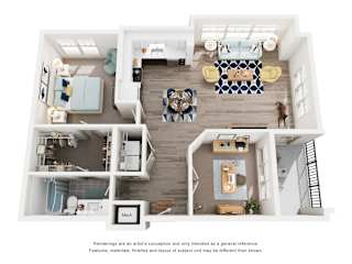 A floor plan of a house with a kitchen, living room, and two bedrooms.