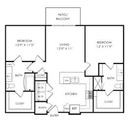 A black and white image of a floor plan for a two bedroom apartment.