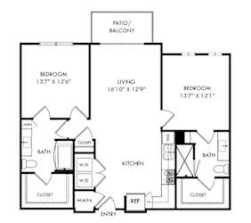 A black and white image of a floor plan for a two bedroom apartment.