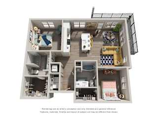 A 3D floor plan of a house with a kitchen, living room, and two bedrooms.