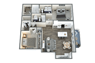 A floor plan of a house with a living room, two bedrooms, a bathroom, and a kitchen.
