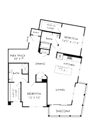 A floor plan of a house with a living room, bedroom, and balcony.