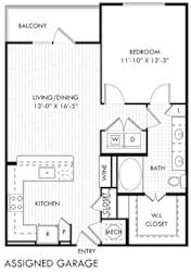 The Witten + assigned garage. 1 bedroom apartment. Kitchen with bartop open to living/dinning rooms. 1 full bathroom double vanity. Walk-in closet. Patio/balcony.