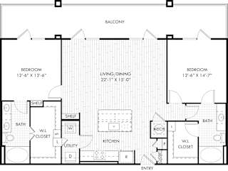 A black and white floor plan of a house with two bedrooms, a living/dining area, a kitchen, two bathrooms, and a balcony.