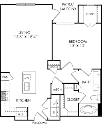 A floor plan of a small apartment with a living room, bedroom, kitchen, and bathroom.