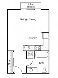 A floor plan of a Juliet balcony apartment with a living/dining area, kitchen, bathroom, and closet.