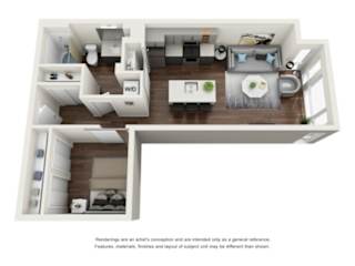 A floor plan of a small apartment with a kitchen, living room, and bedrooms.