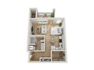 a floor plan of a studio apartment with a bedroom and a living room