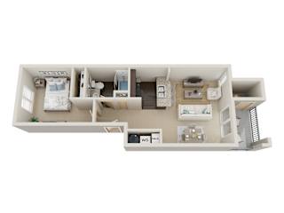 a stylized floor plan with a bedroom and a living room