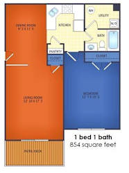 A floor plan of a one bedroom, one bathroom apartment.