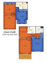 A floor plan of a 2 bedroom, 2 bathroom apartment sized 1432 square feet.