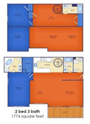 A floor plan of a 2 bedroom, 3 bathroom apartment.