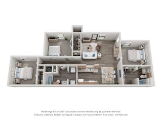 a stylized 3d floor plan of a 3 bedroom apartment at Chapel Ridge of Stillwater, Stillwater, Oklahoma