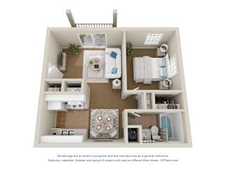 a stylized view of a 1 bedroom floor plan with a bathroom and living room at Emerald Greens, Norman