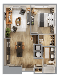 a 3d rendering of a floor plan with a bedroom and a living room at Bemiston Place Apartments, Clayton