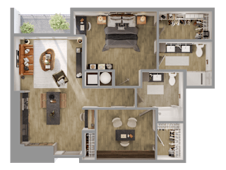 3D floor plan of two bedroom two bathroom layout at Bemiston Place Apartments, Clayton, MO 63105