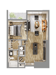 3D floor plan of studio apartment at Bemiston Place Apartments, Clayton, 63105
