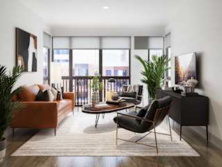 a living room with leather furniture and a balcony at Bemiston Place Apartments, Clayton, MO 63105
