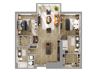 Two bedroom floor plan with spacious living area at Bemiston Place Apartments, Missouri, 63105