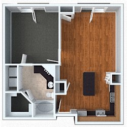 A dollhouse living room with a grey floor and a wooden floor.