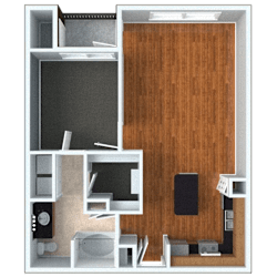 A 3D rendered image of a modern apartment layout.