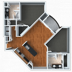 A 3D floor plan of a house with a kitchen, living room, and bathroom.