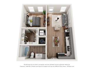 3D one bedroom apartment floor plan at Mila Apartments, Ellisville, MO