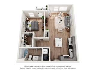 One bedroom 3D floorplan with open layout at Mila Apartments, Ellisville, Missouri