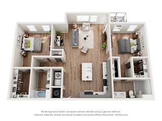 3D two bedroom floor plan with spacious living area at Mila Apartments, Ellisville, MO 63011