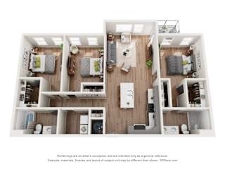 3D three bedroom apartment floor plan at Mila Apartments, Ellisville, MO