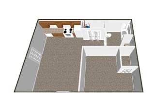 A floor plan of a house with a kitchen, living room, and two bedrooms.