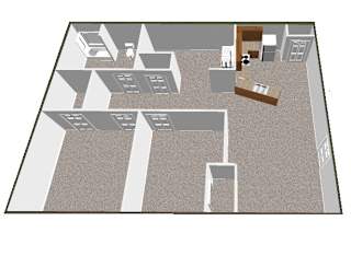 A 3D image of a house layout with rooms and furniture.