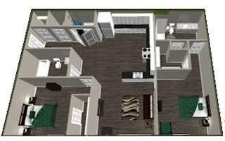 A 3D rendered image of a house layout.