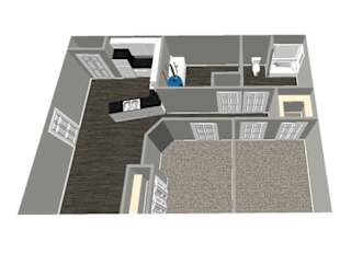A 3D floor plan of a house with a kitchen, living room, and bathroom.