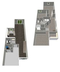 A 3D floor plan of a house with a staircase.