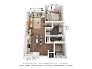 3D floor plan of two bedroom apartment layout at Plaza at Pinnacle Hills Apartments, Rogers, 72758