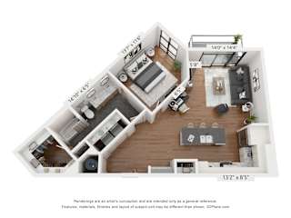 3D floor plan with one bedroom and open living area at Plaza at Pinnacle Hills Apartments, Rogers, Arkansas