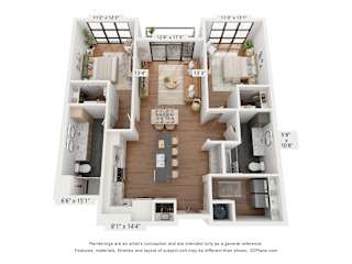3D floor plan with 2 bedrooms and two bathrooms at Plaza at Pinnacle Hills Apartments, Rogers, 72758