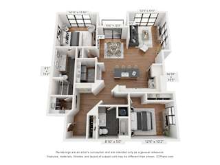 3D floor plan with two bedrooms and 2 bathrooms at Plaza at Pinnacle Hills Apartments, Rogers, Arkansas