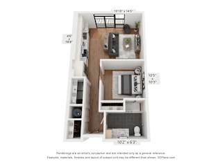 3D floor plan with bedroom hallway and bathroom at Plaza at Pinnacle Hills Apartments, Rogers, 72758