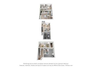Three images of a house layout from different angles.