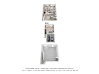 Three images of a room layout with a kitchen and bathroom.