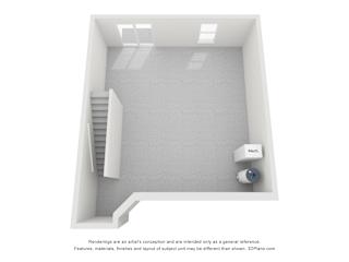 A 3D image of a room with a staircase, a wall-mounted speaker, and a light fixture.