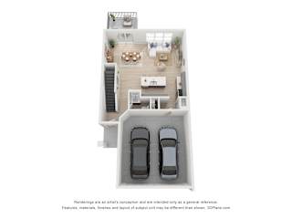 A 3D floor plan of a house with two cars parked in the garage.
