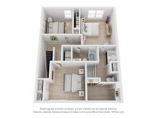 A 3D floor plan of a house with multiple rooms and furniture.