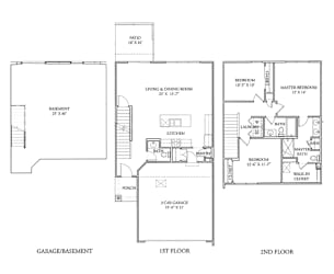 A floor plan of a two-story house with a garage.