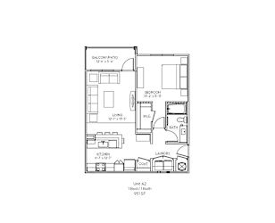 A floor plan of a balcony patio with a bedroom, living room, kitchen, laundry, and bathroom.