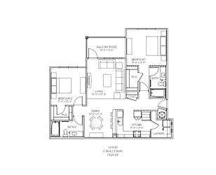A black and white image of a floor plan for a 2 bedroom, 2 bathroom apartment.
